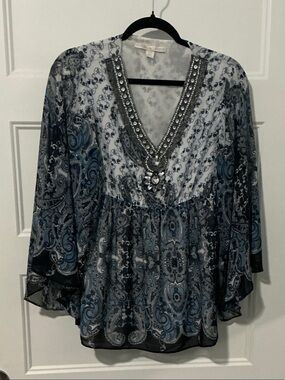 Boston Proper Blue and White Paisley Beaded V-Neck Tunic